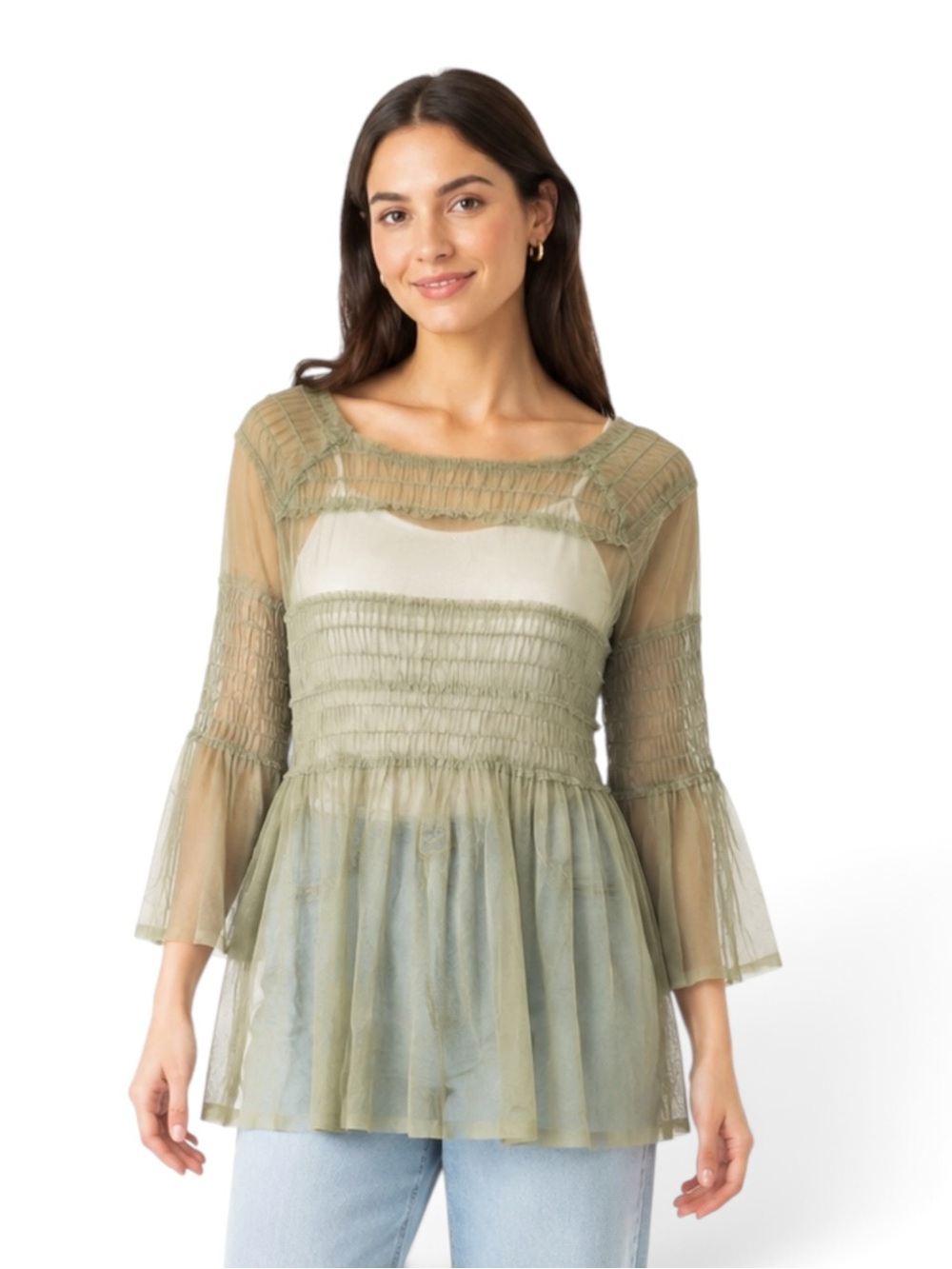 Belle + Sky Willow Green Sheer Mesh Smocked Bell Sleeve Top M